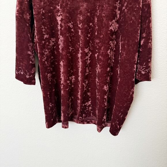 [J. Jill] Maroon Floral Embroidered Scoop Neck Velvet Blouse Boho Tunic Sz Large - Picture 7 of 10